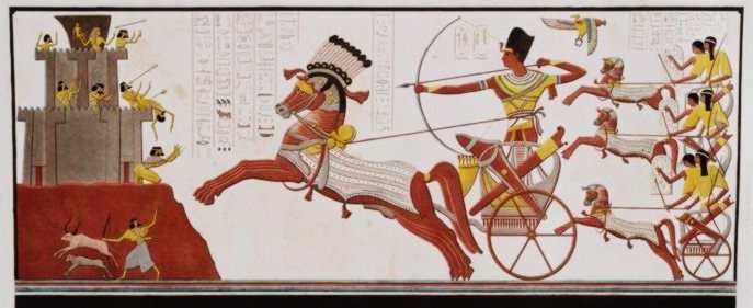 Rameses II in his chariot attacks the enemies of Egypt.